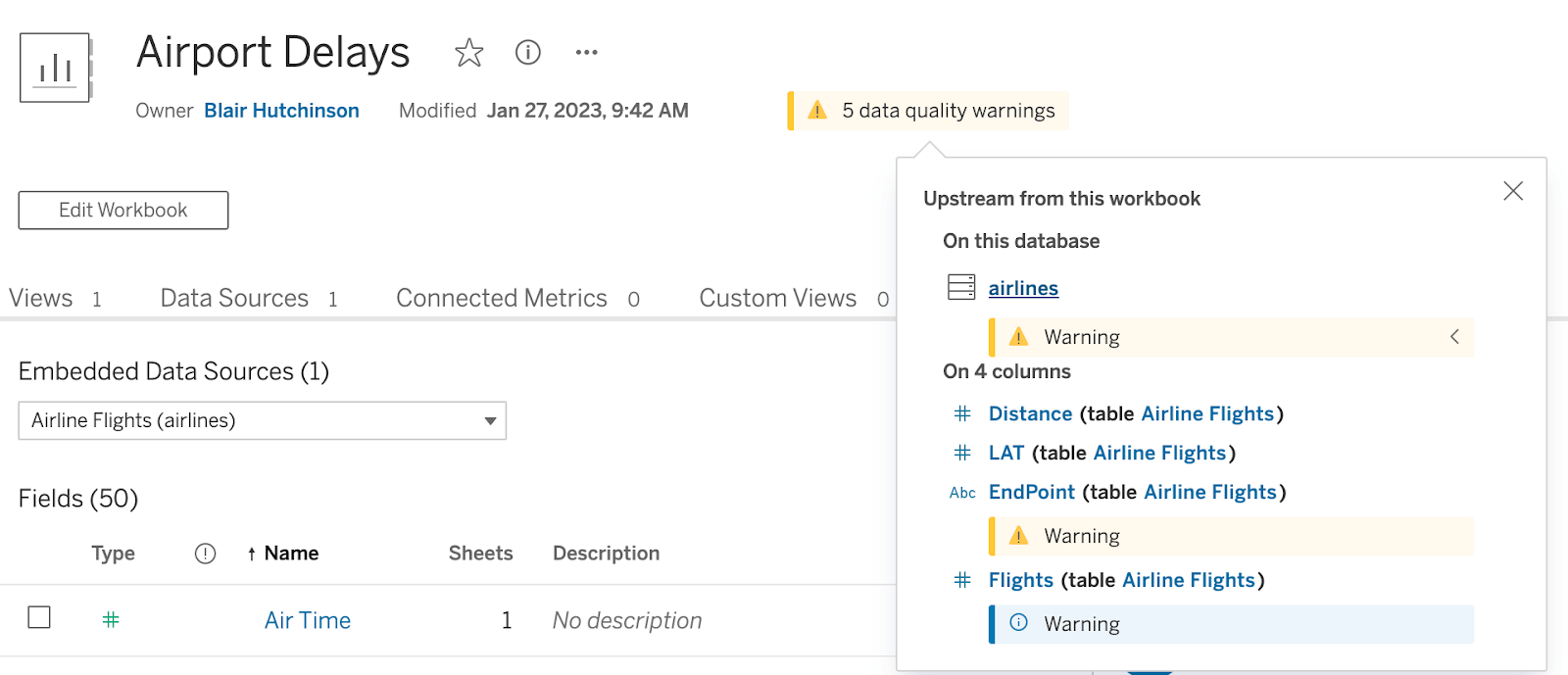 Notification showing five data quality warnings in a database named 
