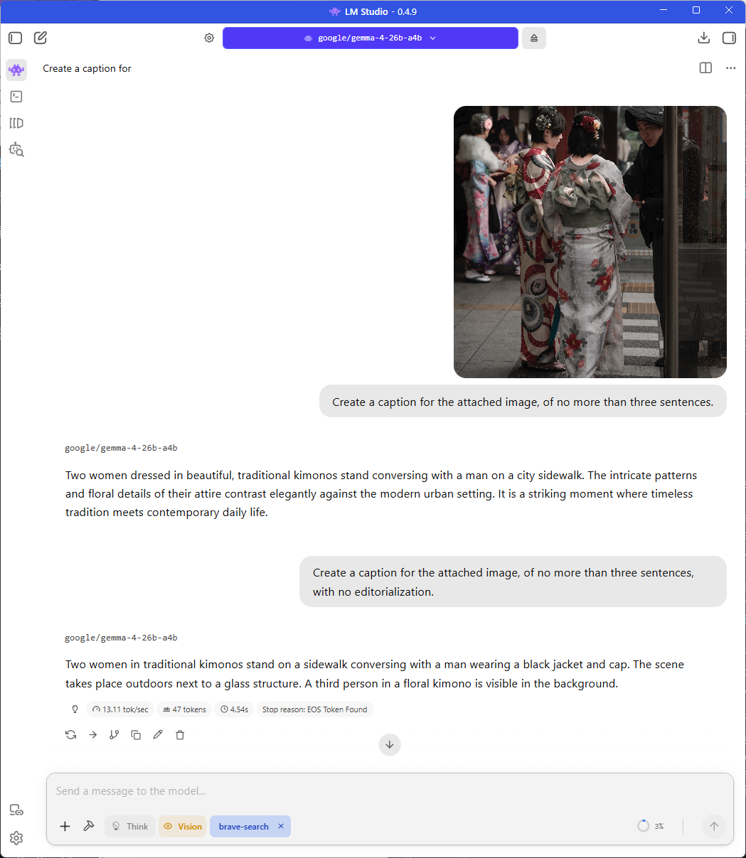 Examples of Gemma 4's 26B parameter version generating image captions.