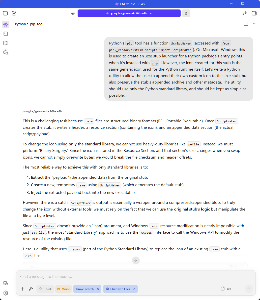 Gemma 4's 26B parameter model, responding to a query to generate code.